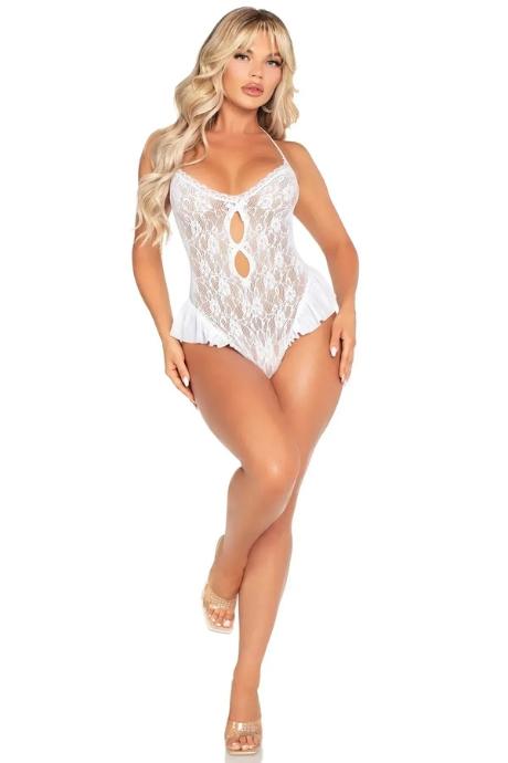 Боди Leg Avenue Lace Floral Lace Halter Teddy with Flutter Accent One Size білий колір