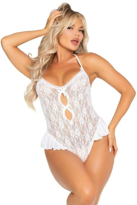 Боди Leg Avenue Lace Floral Lace Halter Teddy with Flutter Accent One Size білий колір