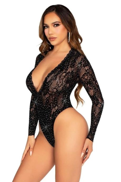 Боди Leg Avenue Rhinestone Lace Deep-V Bodysuit One Size чорний колір