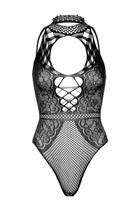 Leg Avenue Net and lace halter bodysuit OS Black
