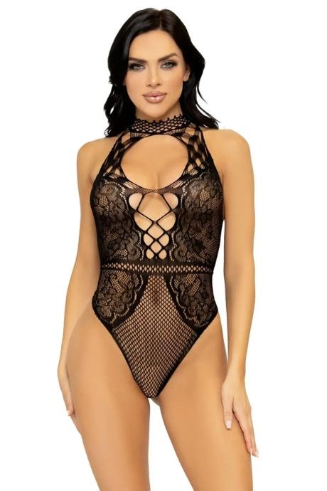 Leg Avenue Net and lace halter bodysuit OS Black
