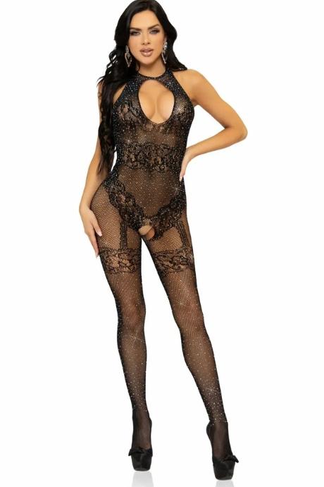 Бодистокинг Leg Avenue Rhinestone Lace and Net Bodystocking OS Black чорний колір