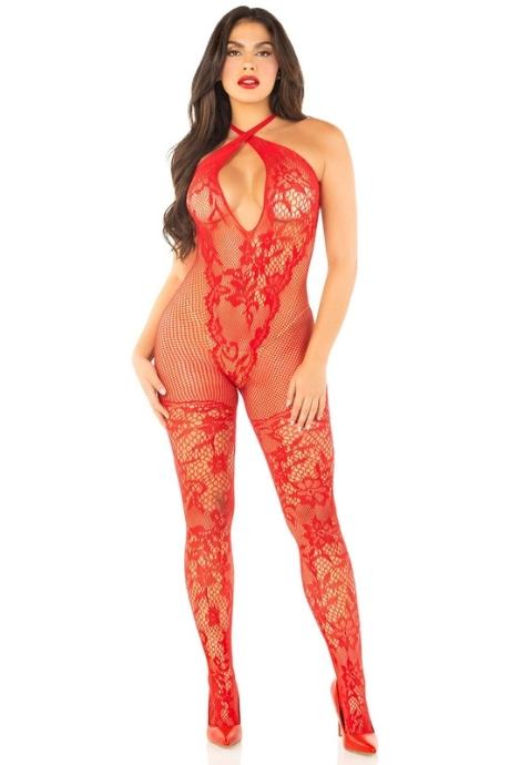 Бодистокинг Leg Avenue Seamless Net and Lace Lingerie Jumpsuit One Size червоний колір