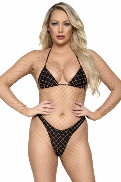Бодистокинг в крупную сетку Leg Avenue Long Sleeved Bodystocking One size Nude длинный рукав