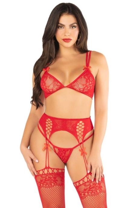 Комплект Leg Avenue Bra Top String and Garter Belt Stockings One Size Red