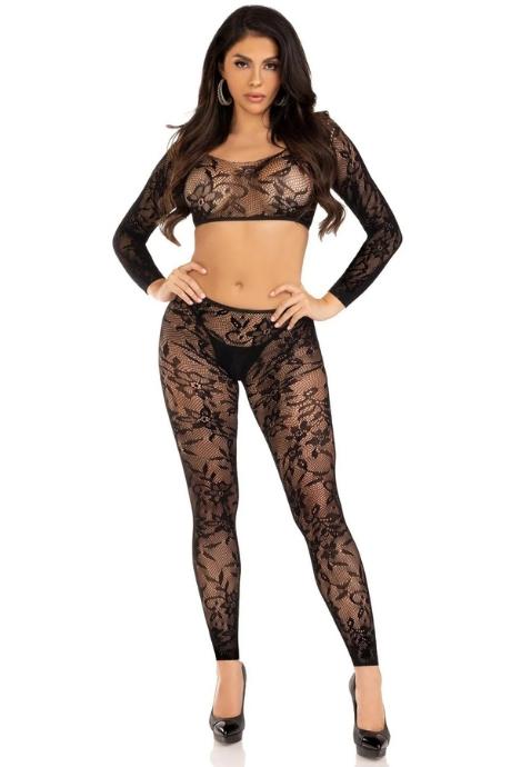 Комплект Leg Avenue Crop top & footless tights One Size черный кроп-топ и колготки без стопы