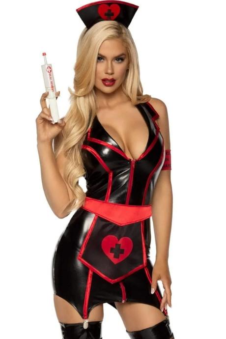 Вініловий костюм медсестри Leg Avenue Vinyl Naughty Nurse S плаття фартух пов'язки чорний колір