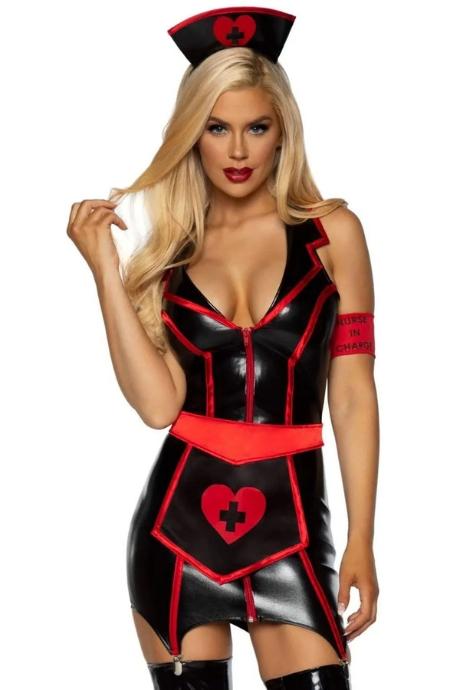 Вініловий костюм медсестри Leg Avenue Vinyl Naughty Nurse S плаття фартух пов'язки чорний колір