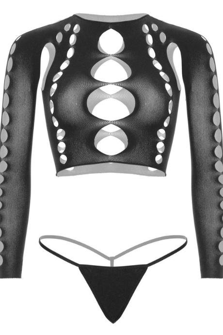 Комплект безшовної білизни Leg Avenue Long sleeve crop top & string Black One Size топ стрінги чорний колір