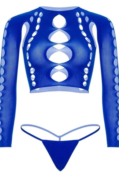 Комплект Leg Avenue Long sleeve crop top & string Royal Blue One Size топ стринги