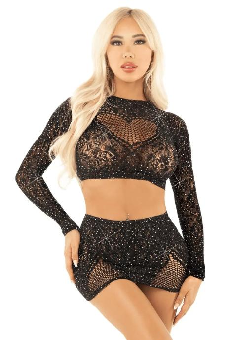 Комплект Leg Avenue Rhinestone Crop Top and Mini Skirt One Size Black