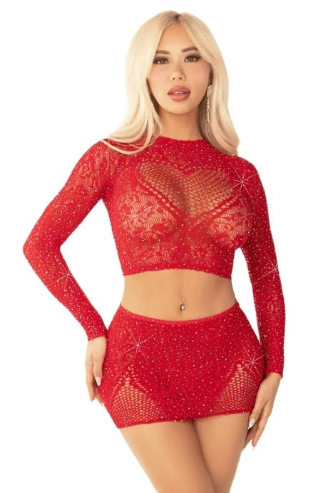 Комплект Leg Avenue Rhinestone Crop Top and Mini Skirt One Size Red