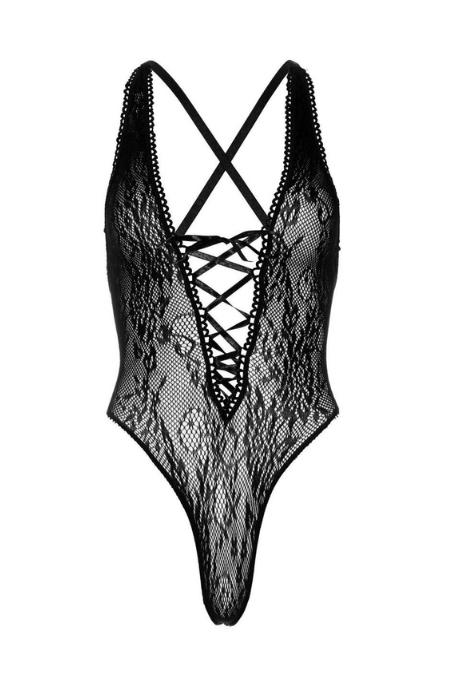 Мереживне боді Leg Avenue Floral lace thong teddy Black шнурівка на грудях one size чорний колір