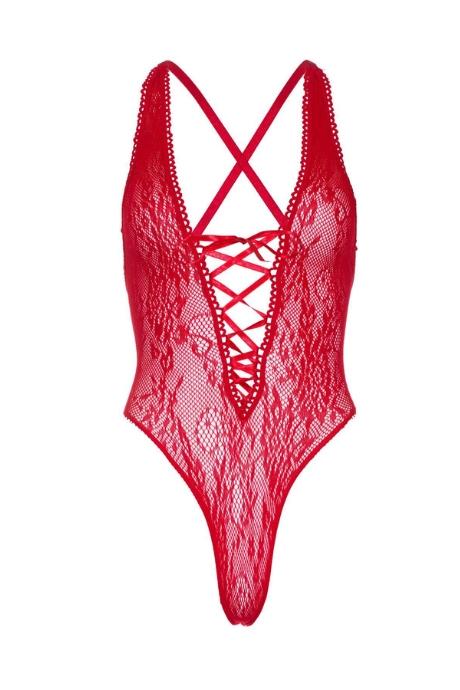 Мереживне боді Leg Avenue Floral lace thong teddy Red шнурівка на грудях one size червоний колір