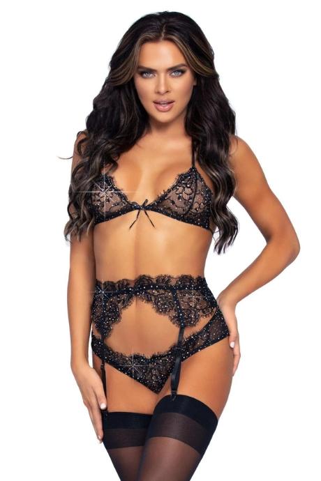 Кружевной комплект со стразами Leg Avenue Bright Lights Rhinestone трусики бра пояс для чулок