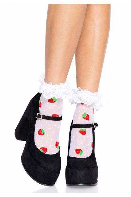 Носки женские с клубничным принтом Leg Avenue Strawberry ruffle top anklets One size кружевные манж