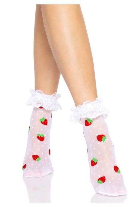 Носки женские с клубничным принтом Leg Avenue Strawberry ruffle top anklets One size кружевные манж