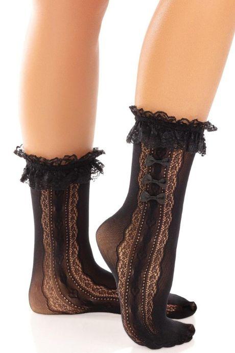 Носочки ажурные Leg Avenue Mini Bow Lace Anklet черные с рюшами декор — бантики