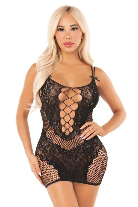 Сукня Leg Avenue Lace and Net Mini Dress with Dual Strap One Size Black чорний колір