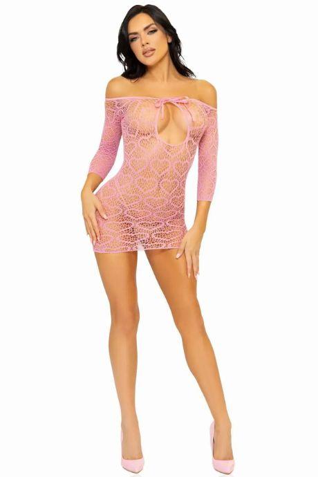 Сукня-сітка з сердечками Leg Avenue Heart net mini dress Pink зав'язки відкриті плечі one size рожевий колір