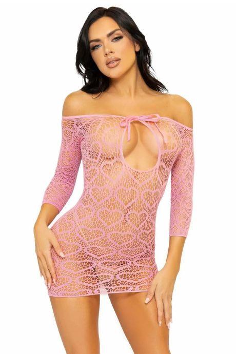Сукня-сітка з сердечками Leg Avenue Heart net mini dress Pink зав'язки відкриті плечі one size рожевий колір