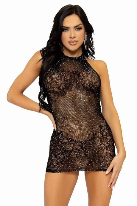 Сукня-сітка зі стразами Leg Avenue Rhinestone halter mini dress Black відкрита спина one size чорний колір
