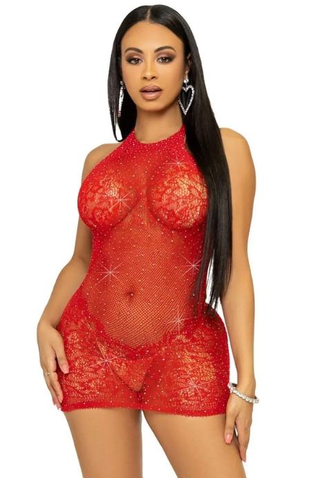 Сукня-сітка зі стразами Leg Avenue Rhinestone halter mini dress Red відкрита спина one size червоний колір
