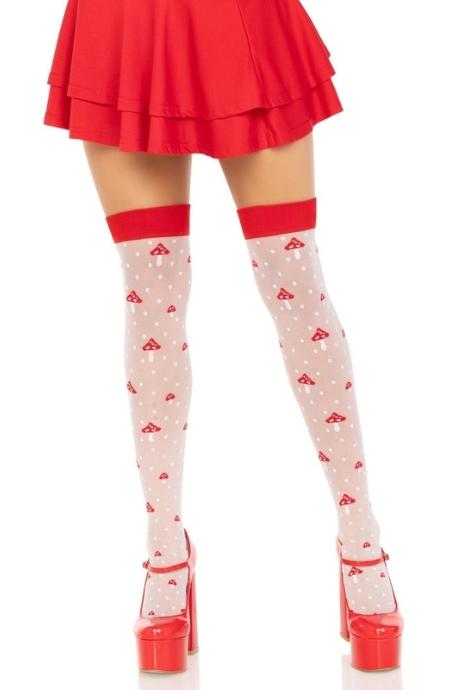 Чулки Leg Avenue Polka Dot Mushroom Thigh Highs One Size бело-красные на резинке рисунок — грибы