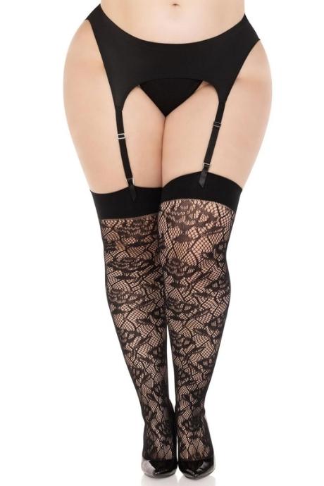 Чулки Leg Avenue Wild rose net thigh highs 1X/2X черные широкая резинка рисунок-розы