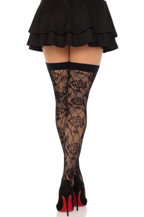 Чулки Leg Avenue Wild rose net thigh highs One Size черные широкая резинка рисунок-розы