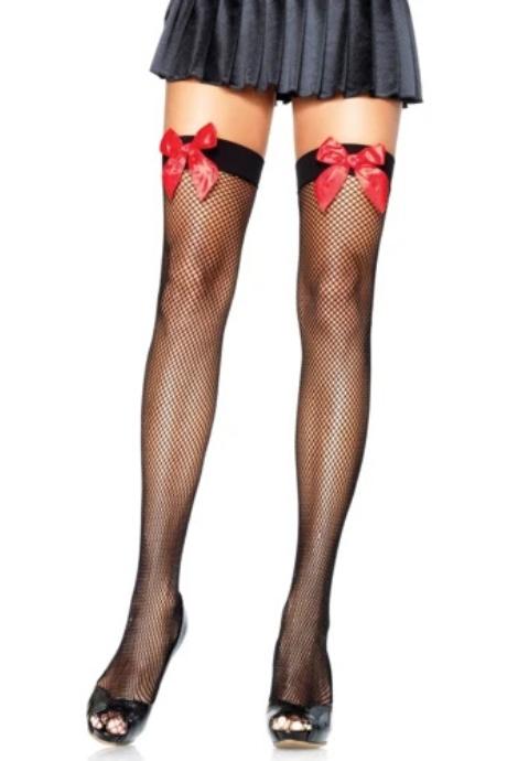 Чулки-сетка с атласным бантиком Leg Avenue Fishnet Thigh Highs One size Black With Bow Red