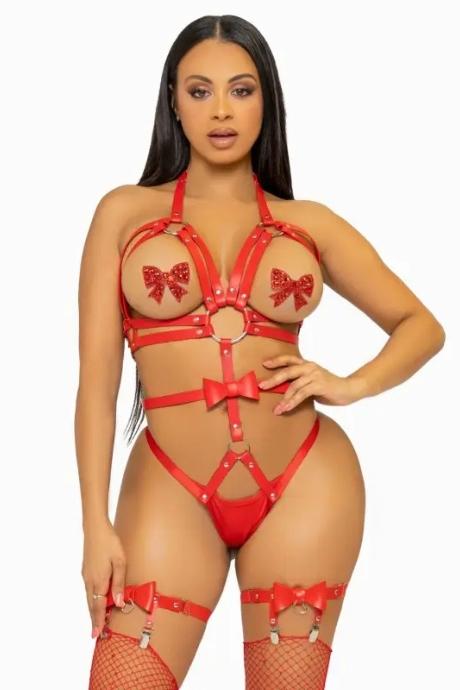 Портупея-тедді з ременів Leg Avenue Studded O-ring harness teddy Red екокожа червоний колір