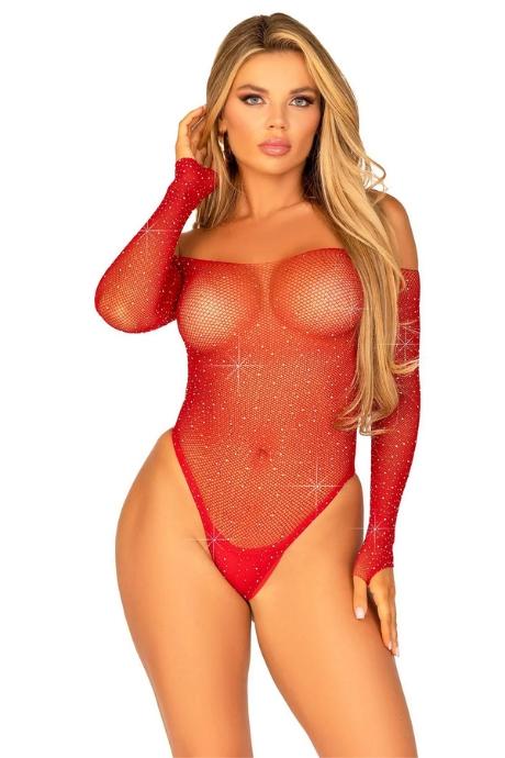 Сітчасте боді зі стразами Leg Avenue Crystalized fishnet bodysuit Red One Size червоний колір