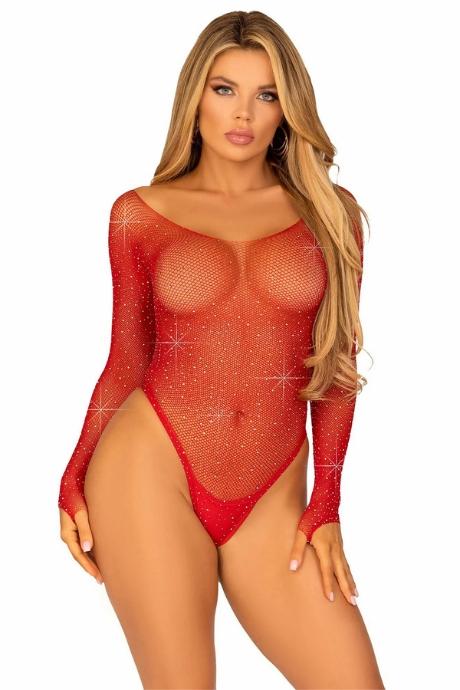 Сітчасте боді зі стразами Leg Avenue Crystalized fishnet bodysuit Red One Size червоний колір