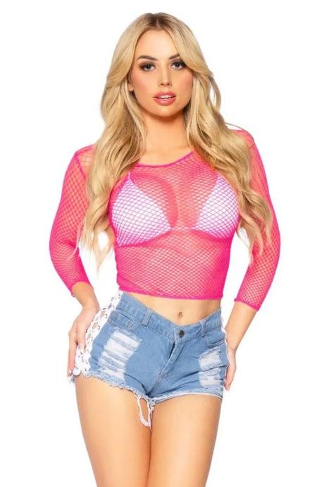 Сітчастий топ Leg Avenue Long Sleeves T-Shirts Neon Pink One Size рожевий колір