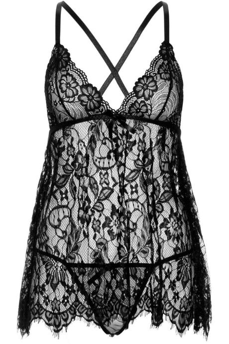 Сорочка бебі-дол Leg Avenue Floral lace babydoll & string Black стрінги чорний колір