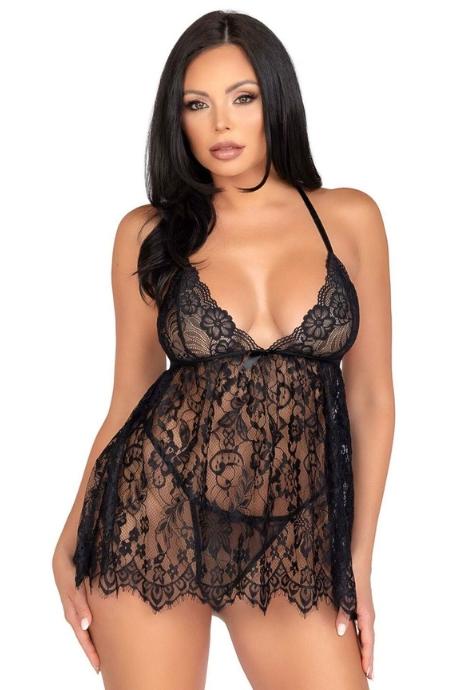 Сорочка бебі-дол Leg Avenue Floral lace babydoll & string Black стрінги чорний колір