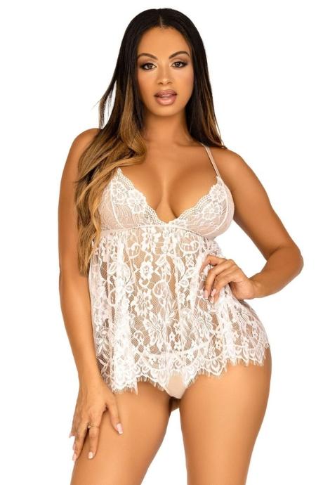 Сорочка бебі-дол Leg Avenue Floral lace babydoll & string White стрінги білий колір