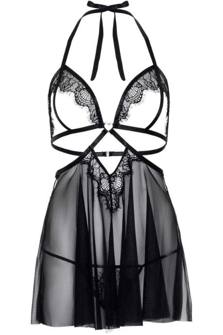 Сорочка бебі-дол з відкритими чашками Leg Avenue Lace and mesh babydoll & panty Black чорний колір