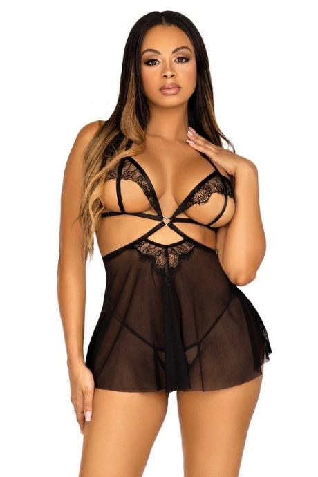 Сорочка бебі-дол з відкритими чашками Leg Avenue Lace and mesh babydoll & panty Black чорний колір