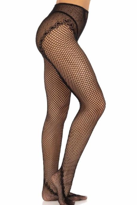 Стріп-колготки Leg Avenue Crotchless Net Tights with Heart Backseam One Size чорний колір