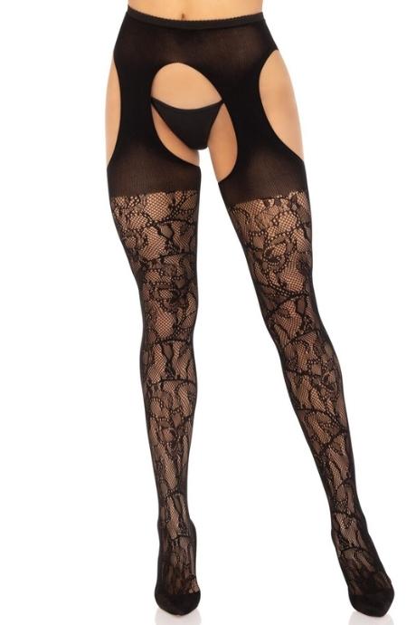 Стрип-колготки Leg Avenue Eyelet lace suspender hose One Size черные ажурные с открытым доступом