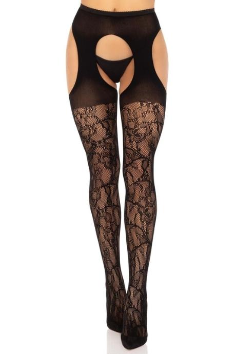 Стрип-колготки Leg Avenue Eyelet lace suspender hose One Size черные ажурные с открытым доступом