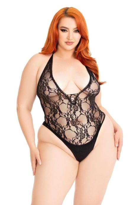 Тедді Leg Avenue Floral lace deep-V teddy 1X/2X чорне мереживне відкрита спина високі трусики чорний колір