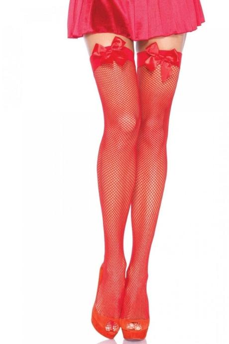 Панчохи-сітка з атласним бантиком Leg Avenue Fishnet Thigh Highs червоний колір