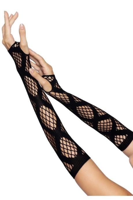 Довгі мітенки Leg Avenue Faux wrap net arm warmers One size Black велика сітка чорний колір