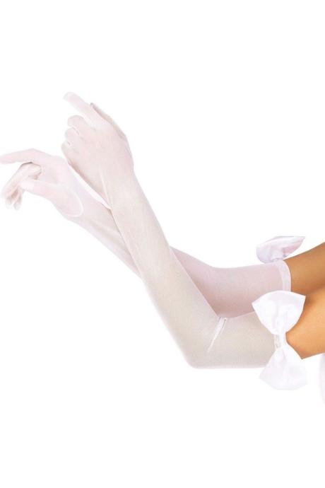 Довгі рукавички з бантом Leg Avenue Opera length bow top gloves White напівпрозорі білий колір
