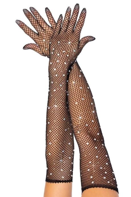 Довгі сітчасті рукавички Leg Avenue Rhinestone opera length gloves з камінням One Size чорний колір