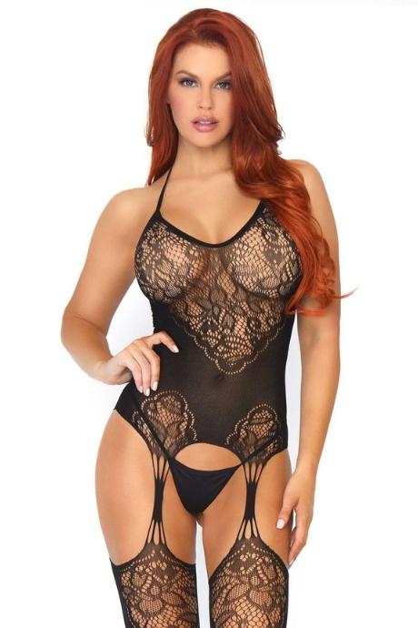 Еротичний бодістокінг Leg Avenue Jacquard net Black імітація панчіх відкритий доступ one size чорний колір