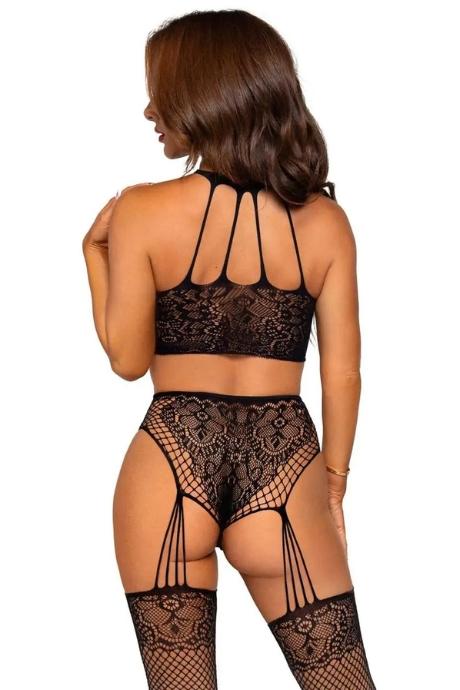 Еротичний комплект Leg Avenue Crop top and garter panty Black топ трусики з доступом панчохи чорний колір
